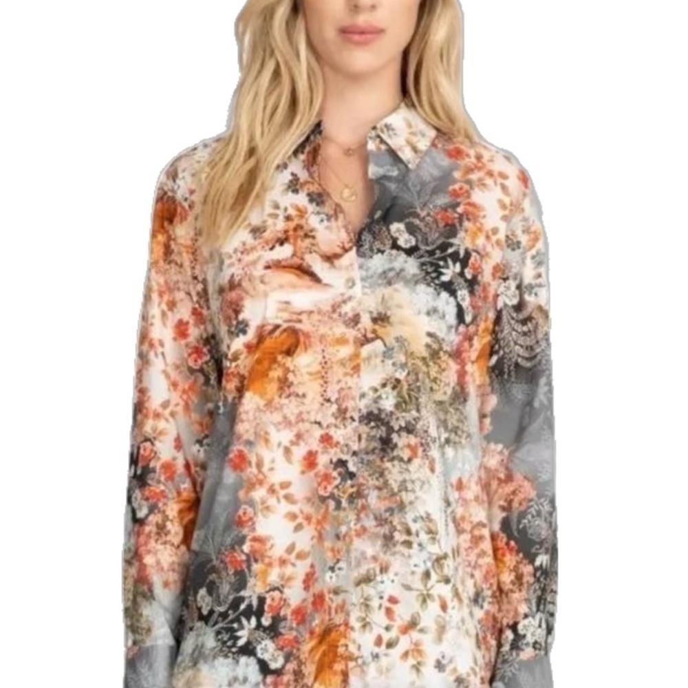 Johnny Was Calmé Floral Button Down Collar Blouse, Multicolor Orange Grey XS